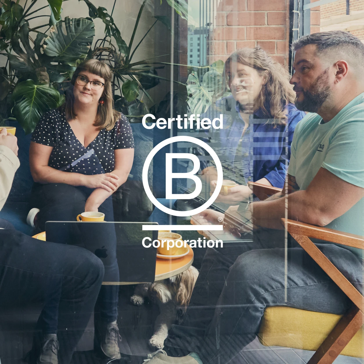 Few and Far speak with charity partners Leeds Mind over a coffee, the Certified B Corporation logo is overlaid